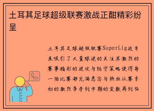 土耳其足球超级联赛激战正酣精彩纷呈
